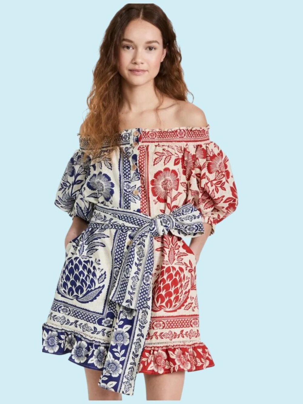 FARM RIO Mixed Pineapple Garden Mini Dress Medium Blue Red Puff Sleeves Coastal